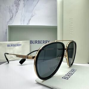 New Burberry Sunglasses Polarized Gold Black Check Arms Aviator Pilot Metal